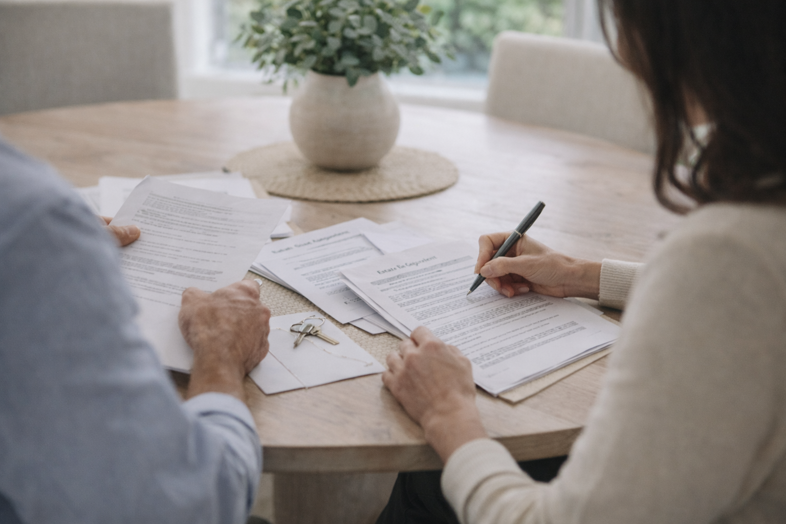 ESTATES | NAPLES HOME STAGING Hands reviewing estate paperwork at a dining table inside a staged Naples home
