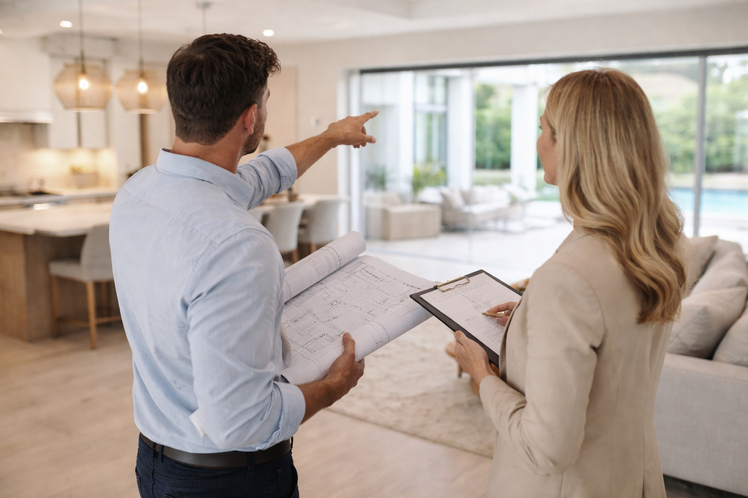 BUILDERS & INVESTORS | NAPLES HOME STAGING Builder and staging professional reviewing plans inside a model home in Naples, Florida
