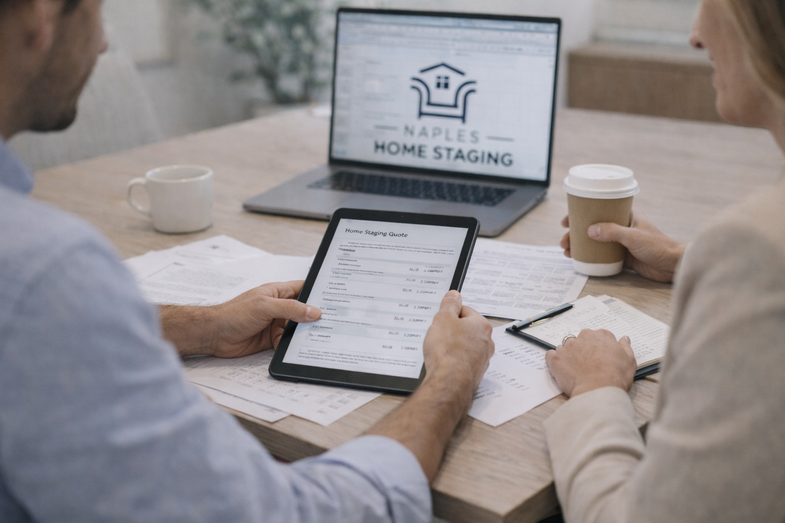 NAPLES HOME STAGING | CONSULTATIONS & QUOTES Home staging consultation and quote review with tablet and laptop in a professional office setting