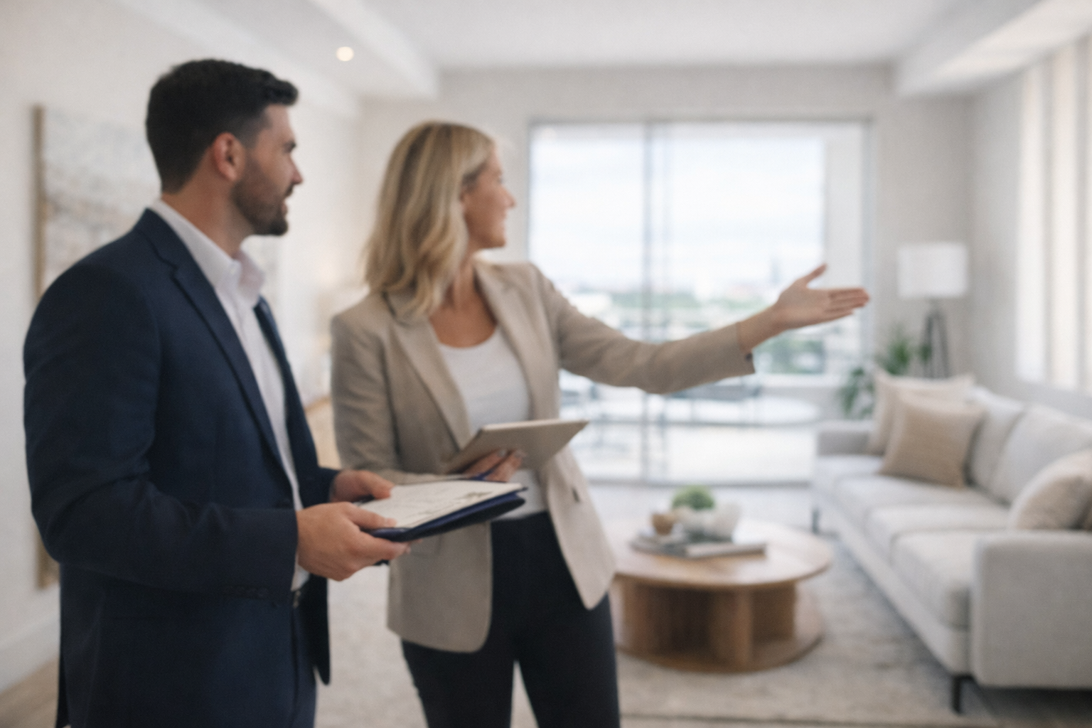 naples_home_staging_realtor_support Professional home stager consulting with a Realtor inside a staged living room in Naples, Florida
